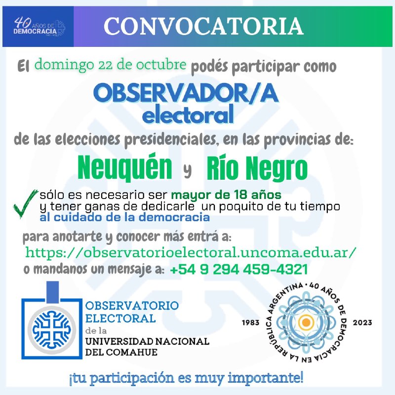CONVOCATORIA PARA OBSERVADOR/A ELECTORAL DE LAS ELECCIONES PRESIDENCIALES EN NEUQUÉN Y RÍO NEGRO