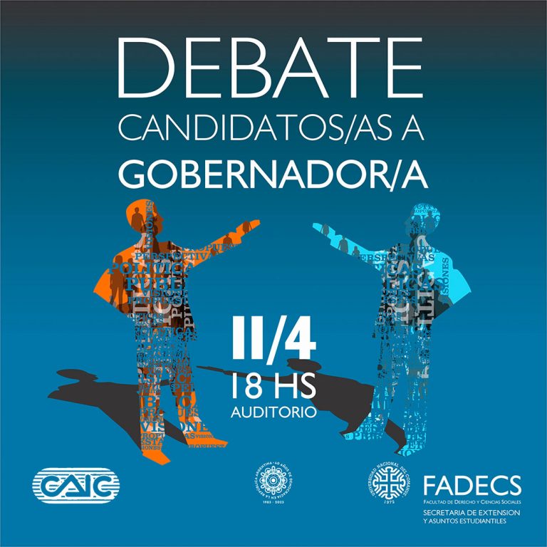 DEBATE DE CANDIDATOS A GOBERNADOR La Facultad de Derecho y Ciencias Sociales informa que el martes 11 de abril a las 19 en el aula auditorio, se realizará el esperado debate de candidatos a gobernador de Río Negro. Es una actividad no abierta al público en forma presencial, y será transmitida por las redes sociales de los coorganizadores, nuestra casa de estudios, la Cámara de Agricultura, Industria y Comercio de General Roca y el Instituto Universitario Patagónico de las Artes.