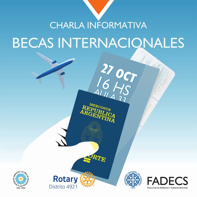 CHARLA INFORMATIVA SOBRE BECAS INTERNACIONALES‼️ ✈️ 👉!Si estás interesado en acceder a una beca para estudiar en el exterior, no te podés perder esta actividad! 🙌La Secretaría de Investigación y Relaciones Internacionales de la FADECS en conjunto con el Rotary General Roca te invitan a participar de la charla informativa sobre Becas Internacionales como las que ofrecen La Fundación Rotaria, Becas Georgia, Becas Pro Paz, Becas UNESCO / Fundación Rotaria y el Programa Intercambio de Nuevas Generaciones. 📅⏱La charla informativa será el viernes 27 de octubre a las 16 en el aula 33 de la Facultad de Derecho y Ciencias Sociales, en Mendoza y Perú de General Roca. ¡En Defensa de la Universidad Pública!