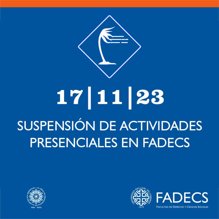 La Rectora de la Universidad Nacional del Comahue resolvió suspender las actividades presenciales en la UNCo en las sedes del área de Confluencia, para el viernes 17 de noviembre del 2023, atento a la alerta naranja emitida por el Servicio Meteorológico Nacional SMN https://www.smn.gob.ar/ por vientos intensos en el área mencionada. La resolución recomienda precaución y evitar la circulación, como el traslado de un lugar a otro, y sugiere a las Secretarias del Rectorado y Unidades Académicas prever la posibilidad de realizar actividades administrativas remotas. En este sentido, la FADECS informa que, en virtud de citada la resolución rectoral, el viernes 17 de noviembre no habrá actividad presencial en el ámbito de nuestra casa de estudios, y en forma eventual se podrá prever la realización de actividades académicas virtuales.