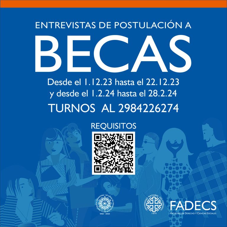 ABRIERON INSCRIPCIÓN A BECAS DE LA UNCO Desde la Secretaría de Bienestar Estudiantil queremos informarles que se inició el período de inscripción a becas de la Universidad Nacional del Comahue. Las mismas serán desde el 1/12/23 hasta el 22/12/23 y desde el 1/2/24 hasta el 28/2/24. Pueden encontrar los requisitos de inscripción en el siguiente link: https://fadeweb.uncoma.edu.ar/index.php/secretaria-de-bienestar-estudiantil/ Es necesario coordinar el día y la hora de realización de una entrevista de postulación, para lo cual deben escribir al 2984226274. ¡En Defensa de la Universidad Pública!