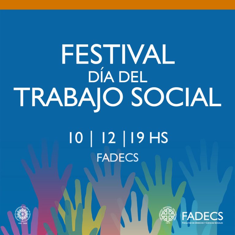 FESTIVAL DÍA DEL TRABAJO SOCIAL En el marco del día del Trabajo Social y los Derechos Humanos, la Dirección de Departamento de Servicio Social, junto a la Delegación Alto Valle Este del Colegio de Trabajo Social y el Centro de estudiantes de la FADECS-FADEL, Fiske Menuco, convocan este domingo 10 de diciembre a una jornada artística en la Facultad de Derecho y Ciencias Sociales, a partir de las 19 hasta las 22. Esté año queremos compartir una jornada artística donde habrá música y palabras, y donde cada une pueda mostrar con videos o imágenes el trabajo que realiza el Trabajo Social en sus espacios socio ocupacionales. Les interesades pueden enviar videos o imágenes para proyectar, al mail del colegio (colegioprofesionalvalleeste@gmail.com) o contactarnos para coordinar la entrega de sus fotografías impresas. (Dirección Departamento Servicio Social Fiske Menuco - Colegio de Profesionales del Trabajo Social, Delegación Alto Valle Este - Centro de Estudiantes FADECS - FADEL)