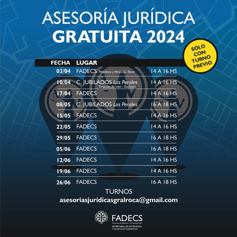 PRÓXIMAS FECHAS DE LAS ASESORÍAS JURÍDICAS GRATUITAS DE LA FADECS-UNCOMA