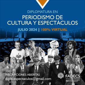 DIPLOMATURA EN PERIODISMO DE CULTURA Y ESPECTÁCULOS La Universidad Nacional del Comahue presenta la primera DIPLOMATURA EN PERIODISMO DE CULTURA Y ESPECTÁCULOS, desde la Patagonia, y 100% virtual! Destinada a estudiantes y profesionales de los medios y también al público general. Objetivo: Aportar herramientas para desarrollar una mirada crítica en torno al mundo del espectáculo. Profes, periodistas en actividad dictan los seminarios dedicados a trabajar de manera dinámica en las especialidades del género: cine, documentales, series de TV, música, teatro, eventos en vivo. El Taller Integrador Final edita una publicación para Redes Sociales Digitales. Cursada: Cada jueves de 18 a 20 horas, en vivo. Comienza en JULIO y dura 6 meses. + el TIF. Incluye: Clases magistrales, conferencias con periodistas, actores, directores de cine y escritores. INSCRIPCIÓN ABIERTA HASTA EL 15 DE JUNIO (diplo.espectaculos@gmail.com).