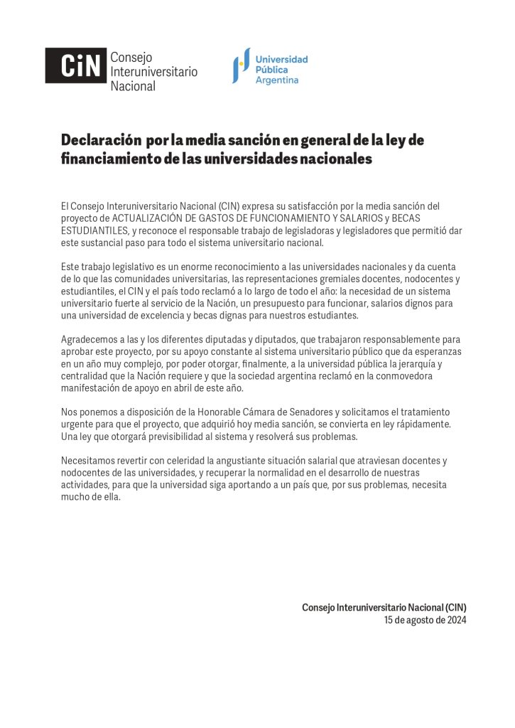 DECLARACIÓN DEL CIN POR LA MEDIA SANCIÓN EN GENERAL DE LA LEY DE FINANCIAMIENTO DE LAS UNIVERSIDADES NACIONALES