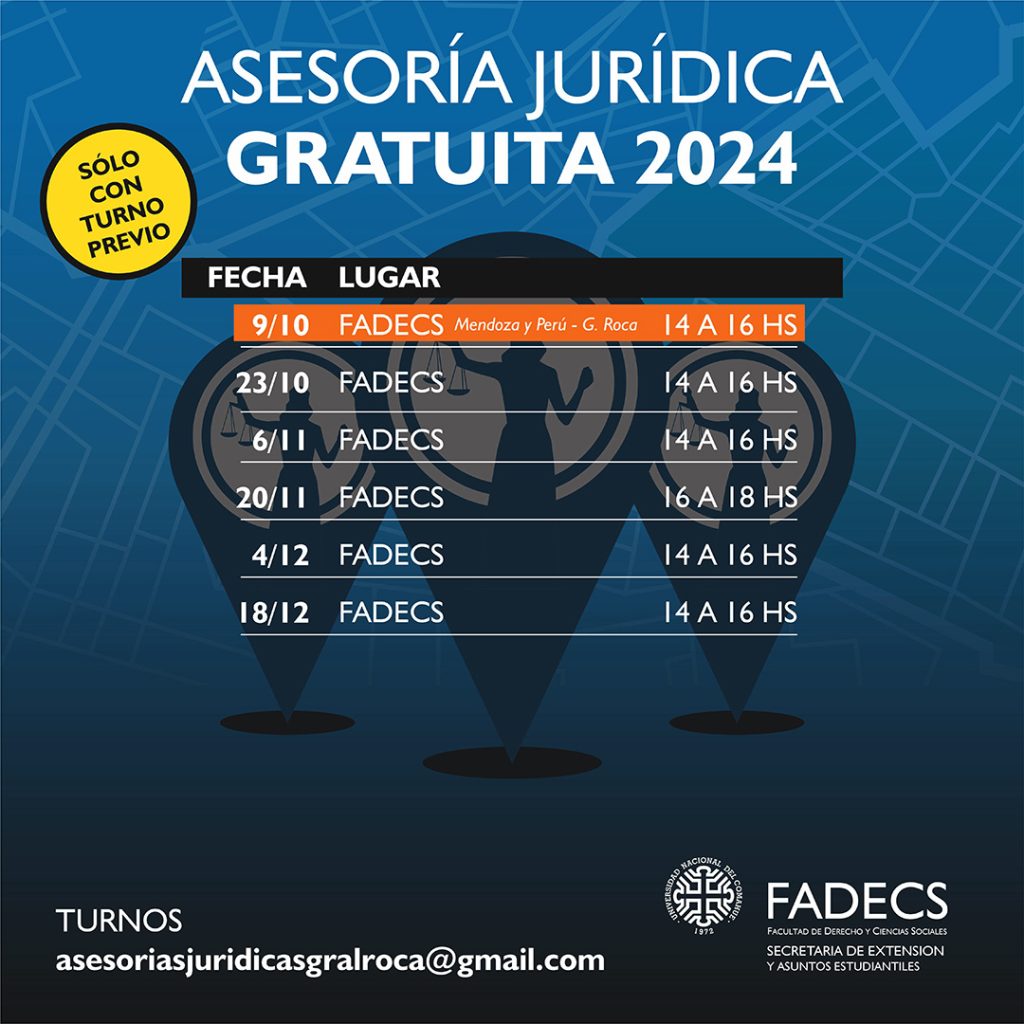 PRÓXIMAS FECHAS DE LAS ASESORÍAS JURÍDICAS GRATUITAS DE LA FADECS-UNCOMA