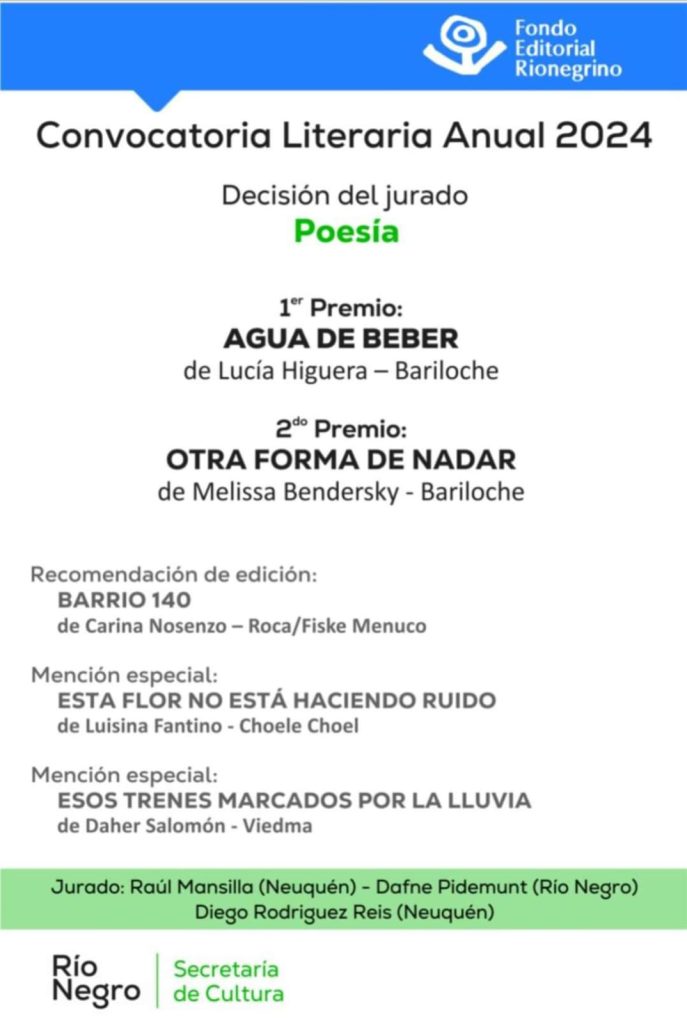 RECONOCIMIENTO PARA EL LIBRO DE LA DOCENTE CARINA NOSENZO
El Fondo Editorial Rionegrino distinguió a la escritora Carina Nosenzo por su libro "Barrio 140". El jurado de la Convocatoria Literaria Anual edición 2024, del capítulo Poesía, recomendó su obra para ser publicada. Nosenzo es profesora del Área de los Lenguajes en las orientaciones Lengua y Discurso y Arte y Literatura en la Carrera de Comunicación Social
El libro fue seleccionado entre un total de 45 obras, el jurado estuvo conformado por Raúl Mansilla (Nqn.), Diego Reis (Nqn.) y Dafne Pidemunt (Bs. As., radicada recientemente en Río Negro)
