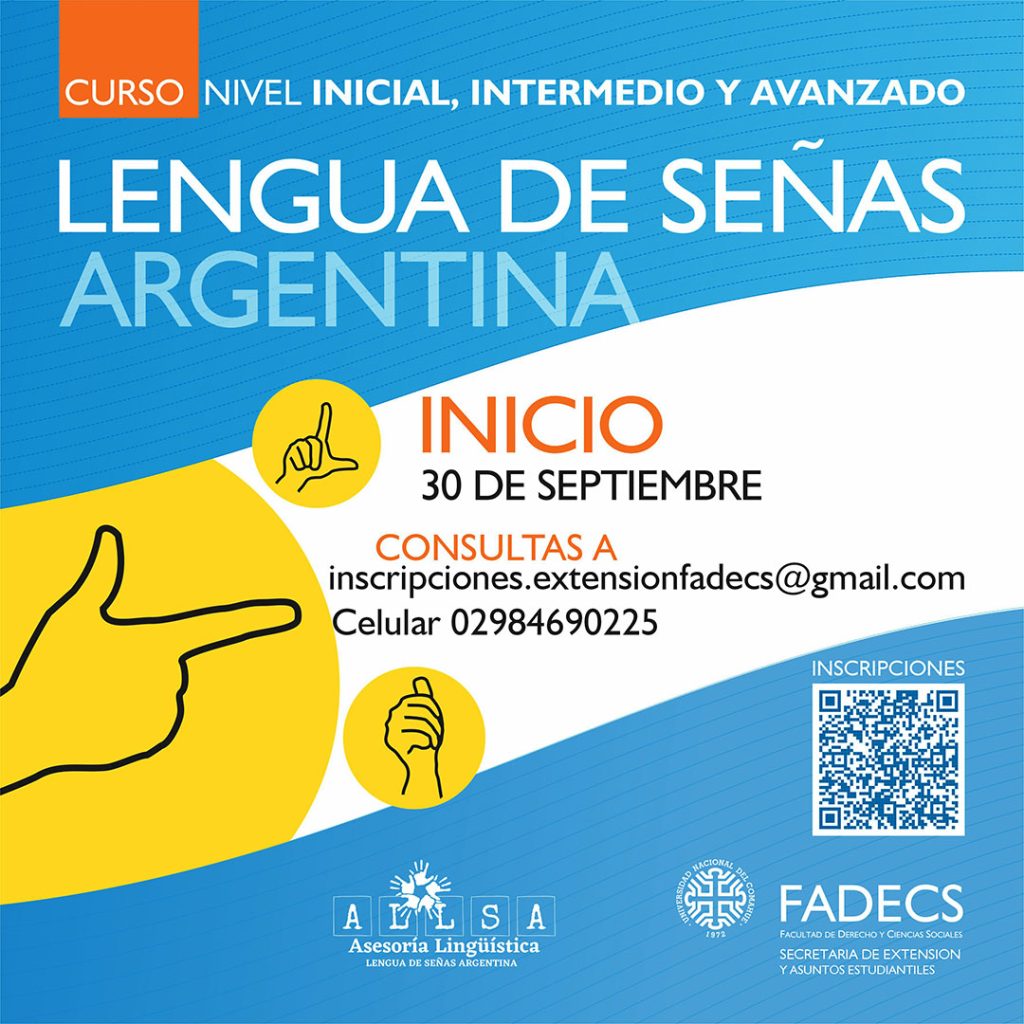 ¡NUEVA CONVOCATORIA PARA LOS CURSOS DE LENGUA DE SEÑAS ARGENTINA EN FADECS! Si querés aprender Lengua de Señas Argentina (LSA), esta es tu oportunidad. Lanzamos cursos en niveles inicial, intermedio y avanzado, dictados por el instructor sordo Norberto Ibarra, acompañado de un gran equipo de intérpretes. Inicio de clases en septiembre Duración: 12 clases Modalidad: Presencial, en FADECS Horarios: Nivel inicial: Martes 19 a 21 Nivel intermedio: Viernes 19 a 21 Nivel avanzado: Lunes 19 a 21 Inscripciones abiertas hasta el 20 de septiembre en https://n9.cl/4fc6k Consultas por costos e inscripciones: inscripciones.extensionfadecs@gmail.com WhatsApp: 2984690225 Organiza: Secretaría de Extensión FADECS - UNCo. #LenguaDeSeñas #Inclusión #CursosFADECS #UniversidadDelComahue #LSA #ComunidadSorda 