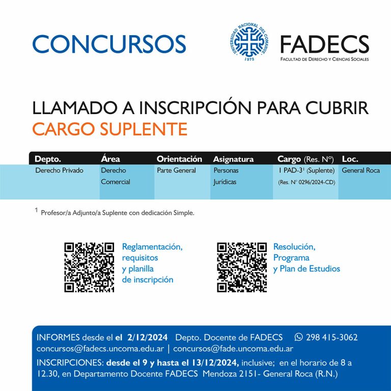 LLAMADO A INSCRIPCIÓN PARA CUBRIR CARGO SUPLENTE