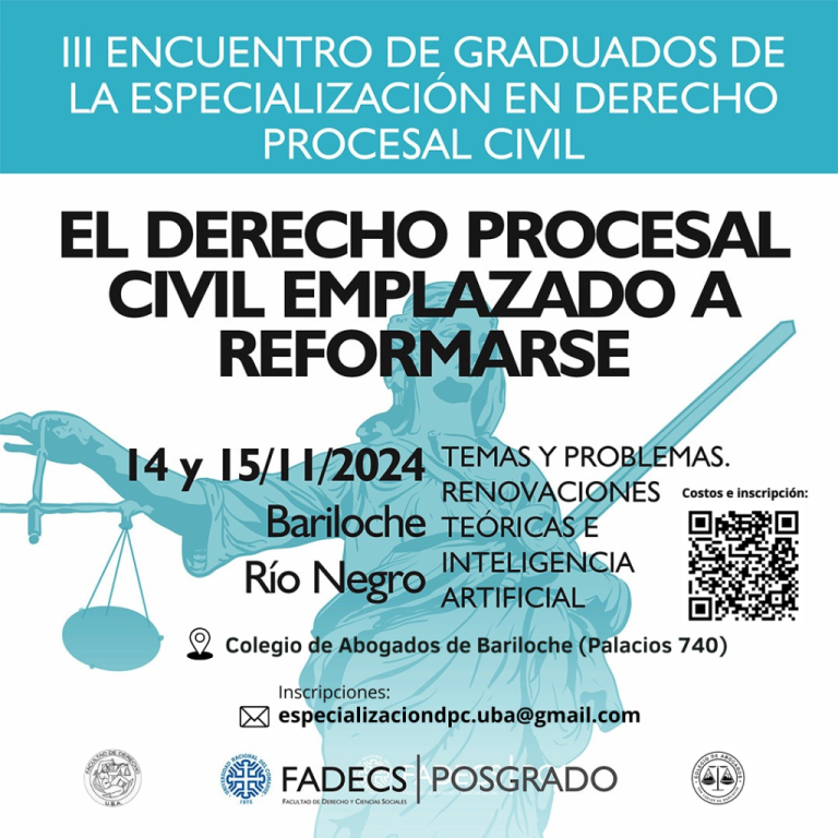 Temas de la convocatoria: Tema 1: Actualidad de la teoría general del proceso. Vigencia de los principios y presupuestos procesales. Tema 2: Los nuevos derechos procesales que reclaman autonomía: derecho procesal administrativo; derecho procesal constitucional; derecho procesal social; derecho procesal familiar. Tema 3: Las tutelas de urgencia. Medidas cautelares. Cambio de presupuestos: principio de protección; pro homine; inconstitucionalidad presunta, etc. Tema 4: Los principios procesales en la etapa probatoria. De la carga a la solidaridad. Del control a la producción conjunta. En contra de la carga de la prueba: doctrinas y polémicas. Tema 5: Protección procesal de personas y sectores vulnerables. Tratamiento especial y principios diferentes. Significado y alcance de la protección judicial. Tema 6: Inteligencias artificial en la gestión y resolución de conflictos procesales. La justicia predictiva. Constitucionalidad del sistema. Conflictos. Ventajas e inconvenientes. ____________________________ Requisitos para la participación: – Toda persona con el título de abogado/a, sea nacional o extranjero, podrá participar en carácter de participante de las conferencias. Solamente se entregarán certificados de asistencia a quienes participen del encuentro en forma presencial. – Los alumnos de la carrera de especialización en derecho procesal civil podrán participar en cualquier formato (presencial o virtual), recibiendo, previa inscripción, el certificado que lo acreditará como participante. ____________________________ Costos de inscripción La inscripción para graduados o estudiantes de Argentina es de $15.000 (pesos quince mil). Forma de pago: transferencia bancaria. Datos de la cuenta: Transferencias a la Cuenta Corriente CBU 19102380 55023800069796 – BANCO CREDICOOP SUC. GENERAL ROCA – CUIT: 30-58676219-9 CTA. 238/697/9 Inscripción: especializaciondpc.uba@gmail.com ____________________________ Beneficios – Entre todos los participantes presenciales se sortearán libros de la especialización en derecho procesal civil. Diez (10) premios. – Entre los graduados de la especialización que presenten ponencias, serán seleccionadas las mejores, dándoles el derecho a ser ponentes por espacio de quince minutos (15´), asignándoles la mesa donde participarán. – Entre las ponencias seleccionadas, un jurado integrado por Osvaldo A. Gozaíni (director de la carrera); Jimena Jatip (coordinadora general), Juan Carlos Fernández (decano de la Facultad de Derecho y Ciencias Sociales – UNCO), María Marta Peralta (Secretaria Académica de la Facultad de Derecho y Ciencias Sociales – UNCO), Richard Galleo y Rodrigo Benítez, elegirán las tres mejores, que recibirán como premio el Tratado en Derecho Procesal Civil de Osvaldo A. Gozaíni, Tres volúmenes, Jusbaires, 2021. – Todas las ponencias presentadas serán seleccionadas para su publicación, por el jurado mencionado. – Todos los ponentes recibirán un certificado que los acreditará como conferencistas de la jornada. Inscripción: especializaciondpc.uba@gmail.com Equipo de Posgrado