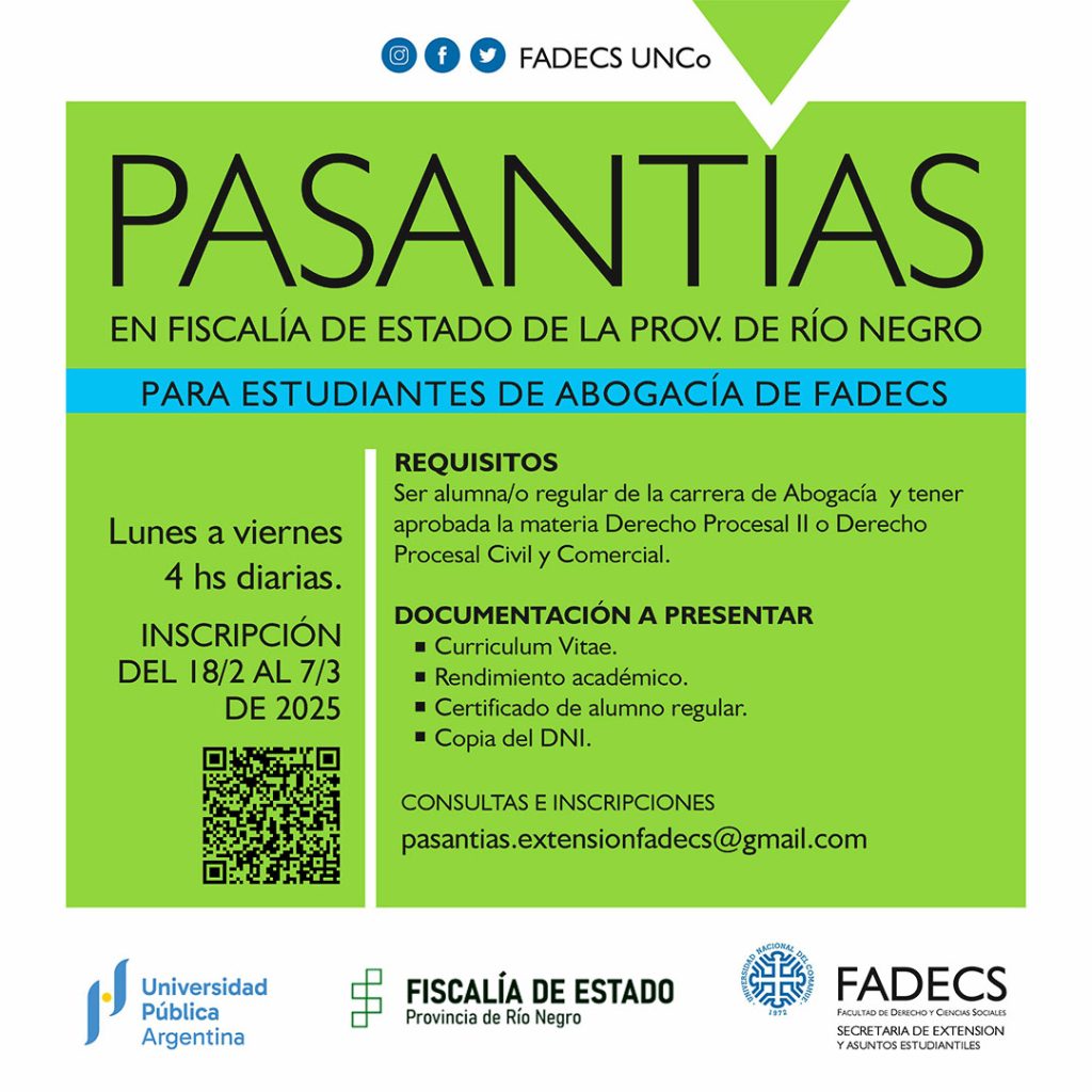 CONVOCATORIA A PASANTÍA EN FISCALÍA DE ESTADO DE LA PROVINCIA DE RÍO NEGRO