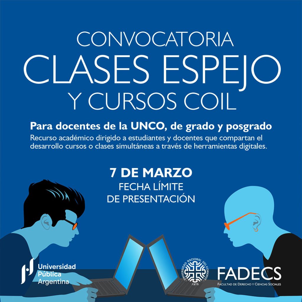 CONVOCATORIA COIL Y CLASES ESPEJO 1° SEMESTRE 2025

La Universidad Nacional del Comahue (UNCO), a través de la Subsecretaría de Relaciones Internacionales, informa que se encuentra abierta una nueva convocatoria interna para presentar propuestas de "Clases Espejo" para docentes de la UNCO, de grado y posgrado, con universidades socias del extranjero, preferentemente de habla hispana. Se adjunta el formulario (........................) con las preguntas del mismo para que puedan ver el contenido antes de avanzar.

¿Qué son las Clases Espejo? Constituyen un recurso académico mediante el cual estudiantes y docentes de dos universidades distintas comparten el desarrollo de un curso o clase de manera simultánea a través de las variadas herramientas digitales disponibles. El desarrollo puede ser sincrónico y asincrónico de un curso completo, de una parte del mismo o la realización de eventos académicos comunes para compartir experiencias de enseñanza con estudiantes de ambas universidades.

Las clases espejo son otro tipo de prácticas educativas que permiten favorecer procesos de internacionalización e intercambio universitario. Se busca romper fronteras y barreras culturales y académicas, logrando así un intercambio de saberes entre las universidades participantes utilizando las herramientas tecnológicas.

El COIL (Aprendizaje Colaborativo Internacional en Línea) está definido como una metodología que engloba un nuevo paradigma de enseñanza y aprendizaje que desarrolla la conciencia intercultural en entornos de aprendizaje compartidos. Es un formato de internacionalización en casa que se extiende por todo el mundo, utilizando Internet para conectar a estudiantes y profesores con sus pares en el extranjero. Inicialmente, los maestros de dos culturas trabajan juntos para desarrollar un programa de estudios compartido, lo que lleva a la participación y el aprendizaje de los estudiantes mediante la experiencia y la colaboración. Los cursos dan un nuevo significado contextual a las ideas y los textos que exploran, al tiempo que brindan a los estudiantes nuevos espacios en los que desarrollar su conciencia intercultural.

Es importante que nos detallen si la actividad se encuadra dentro de actividades regulares (clases de grado o posgrado, etc.) o son acciones eventuales que surgen por la presente Convocatoria.

Los cursos COIL a diferencias de las clases espejo son acciones de mas largo plazo. Aqui dejo un video explicativo de COIL de la UAMEX con quien trabajamos en ello: https://www.youtube.com/watch?v=0uKSkkWZdaY&feature=youtu.be

En este formulario recopilaremos los datos necesarios para avanzar en iniciativas con contactos previos y sin ellos:

Enlace de postulación: https://forms.gle/6CMSvhEs3gwhjXNY6

Fecha límite de postulación: viernes 7 de marzo de 2025.