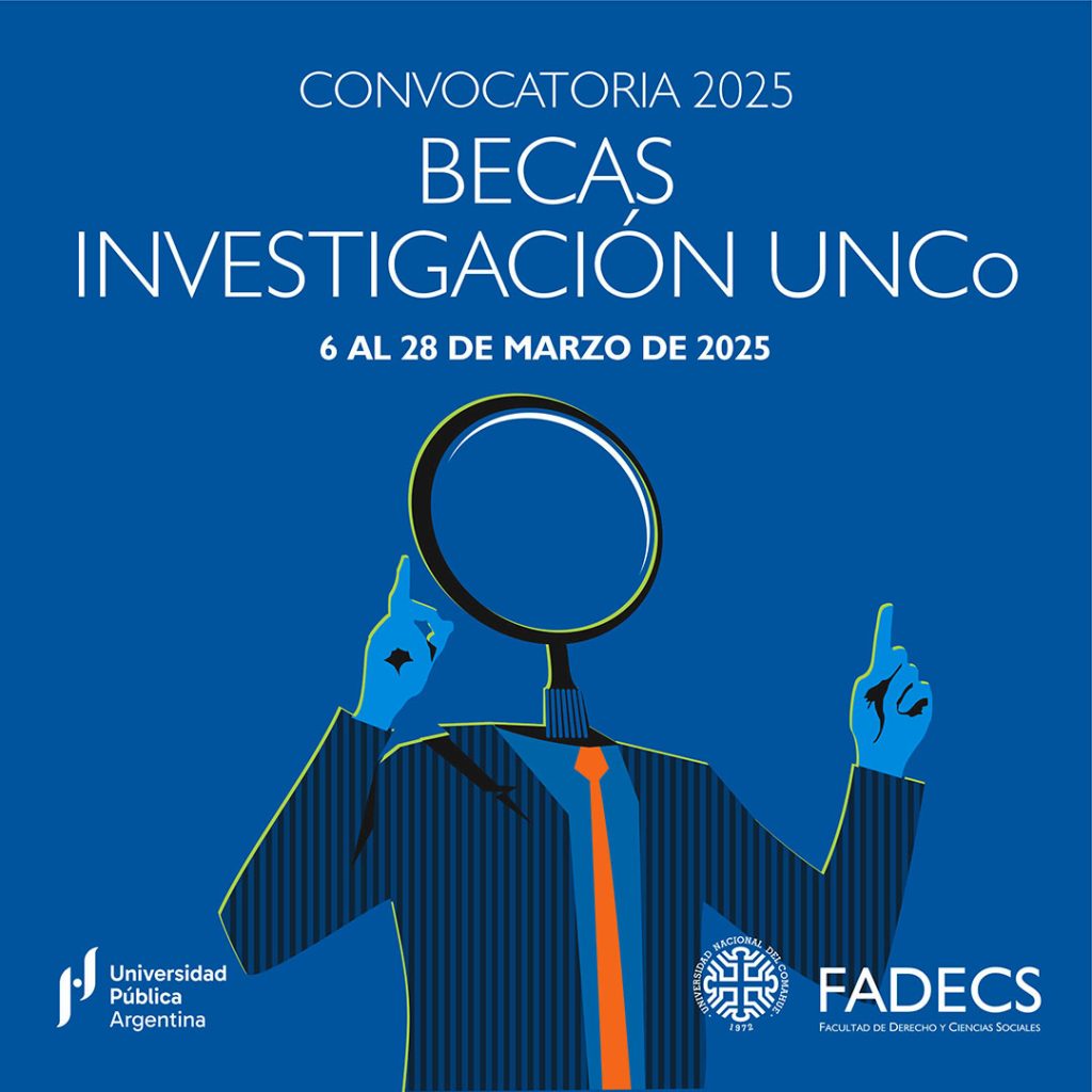 APERTURA BECAS DE INVESTIGACIÓN UNCO - CONVOCATORIA 2025 La Secretaría de Ciencia y Técnica y Relaciones Internacionales de la FADECS-UNCo informa que la convocatoria de becas de investigación UNCo 2025 permanecerá abierta desde el 6 al 28 de marzo de 2025. Los interesados en postularse a una beca UNCo deberán completar un formulario online para solicitar usuario y contraseña. Para ello, deberán ingresar al siguiente enlace, opción "Solicitud Usuario": https://mocovi.uncoma.edu.ar/becarios/1.0/ Con el usuario y contraseña asignados (recibidos por correo electrónico a la cuenta declarada en el formulario), ingresarán al sistema y podrán iniciar la carga. Asimismo, podrán descargar el instructivo correspondiente, se incluye enlace al mismo. CONDICIONES DE LA PRESENTACIÓN A CONCURSO 2025 De acuerdo a lo establecido en la reunión de Consejo de CyT de fecha 26/02/25: - ESTUDIANTES: Se podrán presentar postulantes de las siguientes Unidades Académicas (no obtuvieron beca en la convocatoria 2024 que iniciará el 01/04/25): ESCIMAR, FACIAS, FALE, FADE, FACA, FATA, FAIF, FAEA, FATU. - GRADUADOS DE INICIACIÓN: quedan 3 cupos vacantes que se completarán de la siguiente manera: 2 cupos para el área Sociales y Humanas, y 1 cupo para el área Exactas y Naturales. - GRADUADOS DE PERFECCIONAMIENTO: quedan 3 cupos vacantes que se completarán de la siguiente manera: se confeccionará un orden de mérito por puntaje general (sin considerar área de conocimiento). Instructivo para postulación: