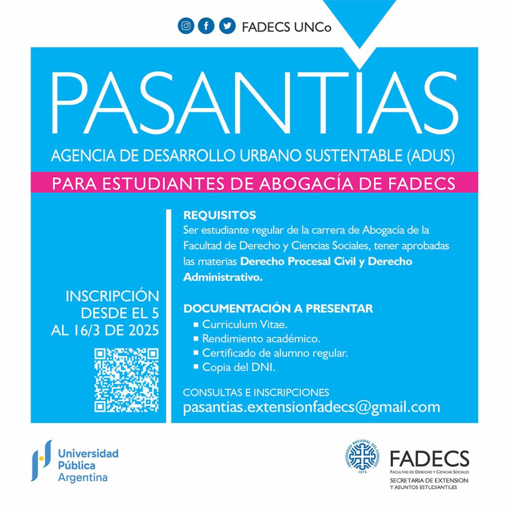 CONVOCATORIA A PASANTÍA EN LA AGENCIA DE DESARROLLO URBANO SUSTENTABLE (ADUS)
