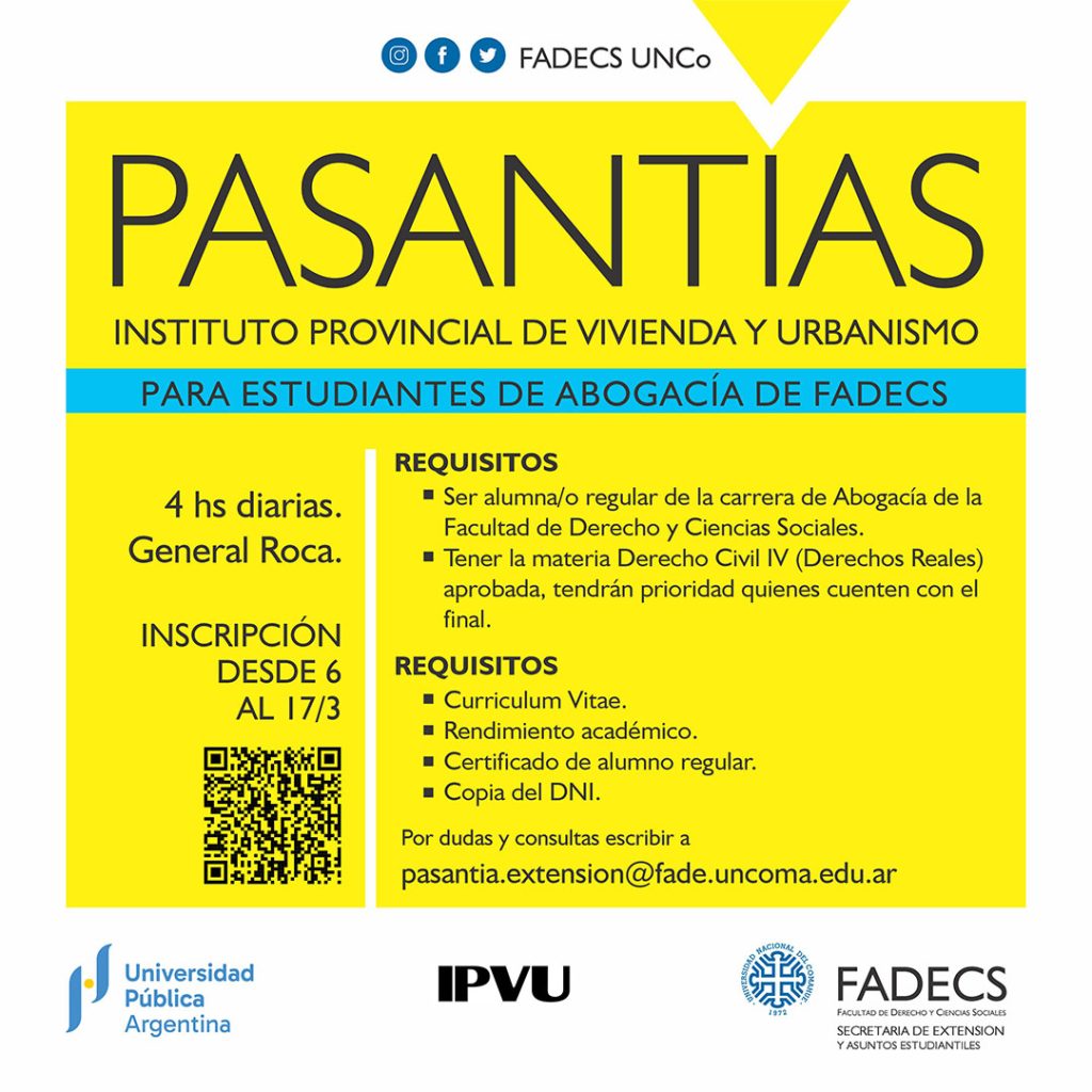 CONVOCATORIA A PASANTÍA EN EL INSTITUTO PROVINCIAL DE VIVIENDA Y URBANISMO (IPVU)
