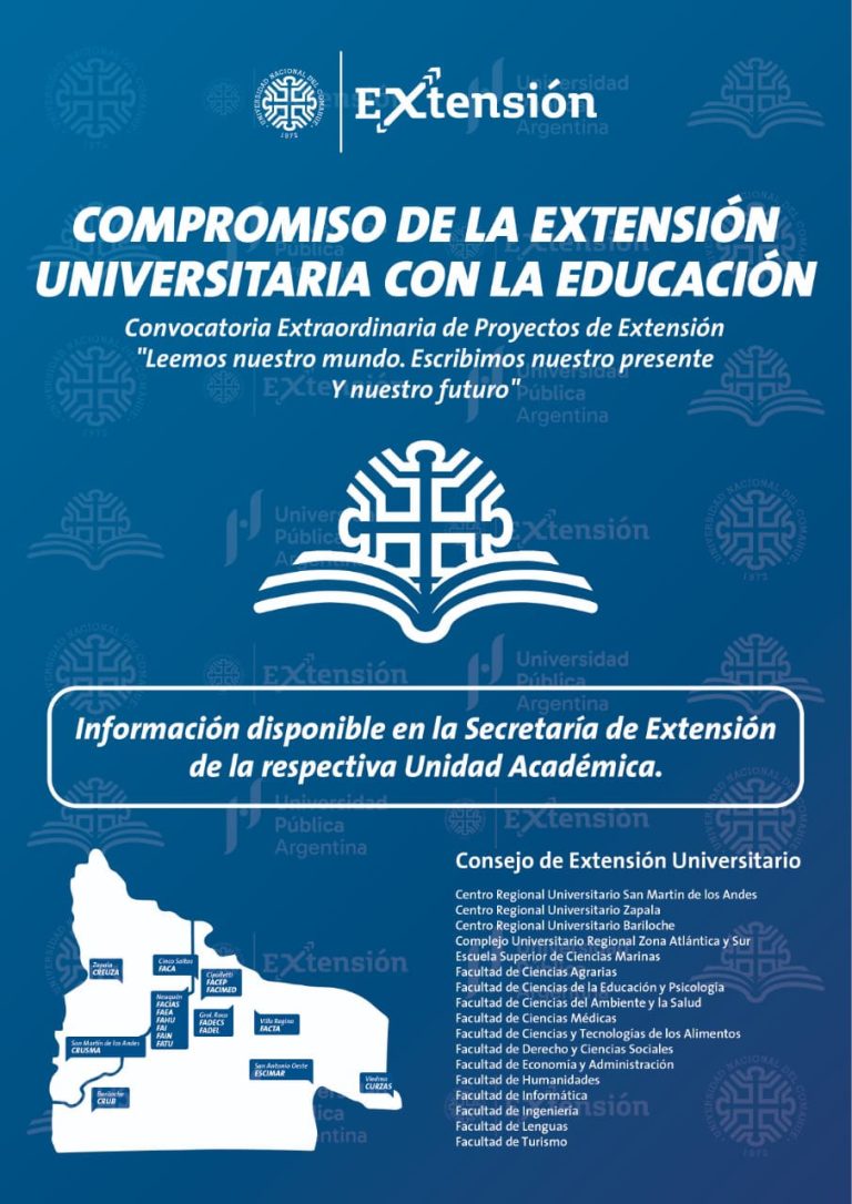 La Secretaría de Extensión Universitaria de la UNCo informa que está abierta la Convocatoria Extraordinaria de Proyectos de Extensión Compromiso de la Extensión Universitaria con la Educación "Leemos nuestro mundo. Escribimos nuestro presente y nuestro futuro". El llamado se enmarca en la Convocatoria "Fortalecimiento de la Extensión Universitaria 2024" de la Subsecretaría de Políticas Universitarias de la Nación (SSPU). En su Objetivo y Líneas prioritarias, junto a la Curricularización de la Extensión Universitaria y otros lineamientos recurrentes y/o consuetudinarios en este tipo de convocatorias, se incorpora, en esta oportunidad, el eje Alfabetización. El Objetivo general es incorporar Proyectos de Extensión Universitaria que pongan en marcha acciones y/o dispositivos tendientes a brindar herramientas y/o generar prácticas que posibiliten la circulación y adquisición de saberes y el desarrollo de habilidades introductorias y/o intermedias en y desde las diferentes disciplinas y/o campos del conocimiento de la Universidad Nacional del Comahue. Los Ejes temáticos tendrán en cuenta las perspectivas de DDHH, Ambiente, Género y Diversidades, y Territorios Culturas e Interculturalidad. Los/las destinatarios/as serán, de preferencia, instituciones educativas de los distintos niveles y modalidades de los sistemas educativos de Río Negro y Neuquén; asociaciones civiles y/o instituciones que realicen prácticas educativas tanto formales como no formales; bibliotecas populares, asociaciones barriales y/o comunitarias y organizaciones afines. A modo de sugerencia, la Secretaría de Extensión Universitaria propone que los proyectos de extensión, como en ocasiones anteriores, prioricen entre sus destinatarios/as a sectores de la sociedad que históricamente y al presente sean víctimas de situaciones de desigualdad y/o vulnerabilidad. Entre estos sectores y/o grupos debemos mencionar a las mujeres, a las/os jóvenes, a las/os adultas/os mayores, las disidencias y los pueblos originarios, entre otros. Bases y Condiciones