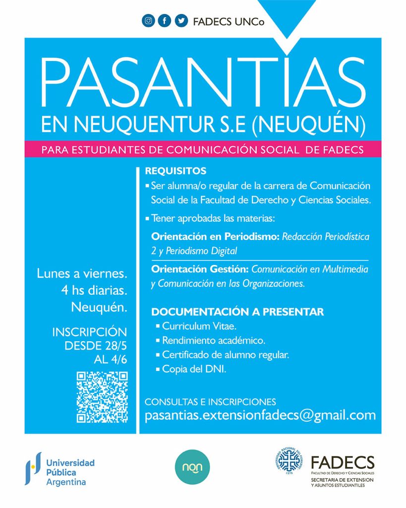 NUEVA PASANTÍA PARA ESTUDIANTES DE FADECS EN NEUQUENTUR S.E. (NEUQUÉN)
