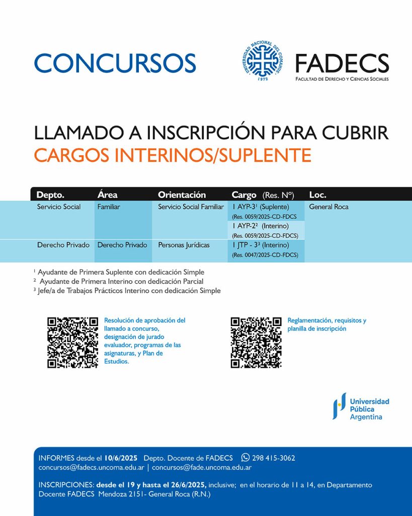 LLAMADO A INSCRIPCIÓN PARA CUBRIR CARGOS INTERINOS / SUPLENTE