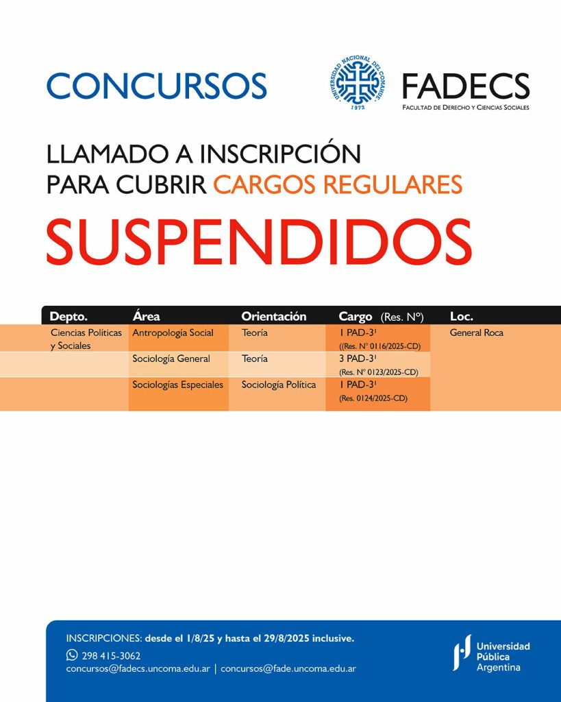 DEPARTAMENTO DOCENTE INFORMA Se suspenden los siguientes llamados a Concursos Regulares: