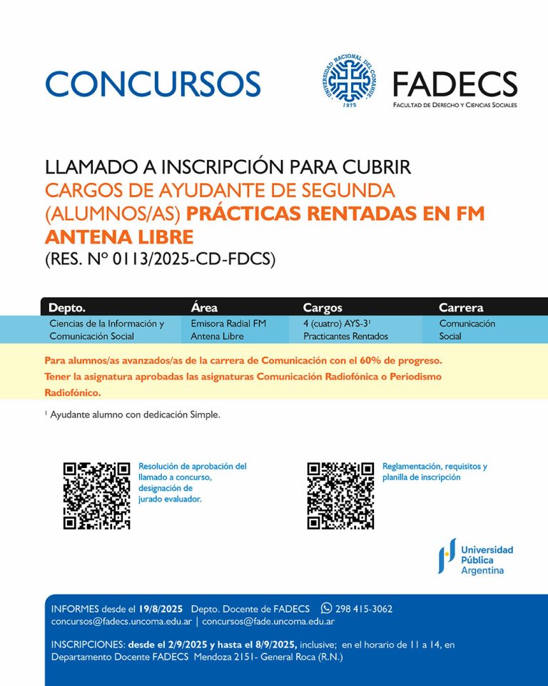LLAMADO A INSCRIPCIÓN PARA CUBRIR CARGOS DE AYUDANTE DE SEGUNDA (ALUMNOS/AS) PRÁCTICAS RENTADAS EN FM ANTENA LIBRE (RES. Nº 0113/2025-CD-FDCS)