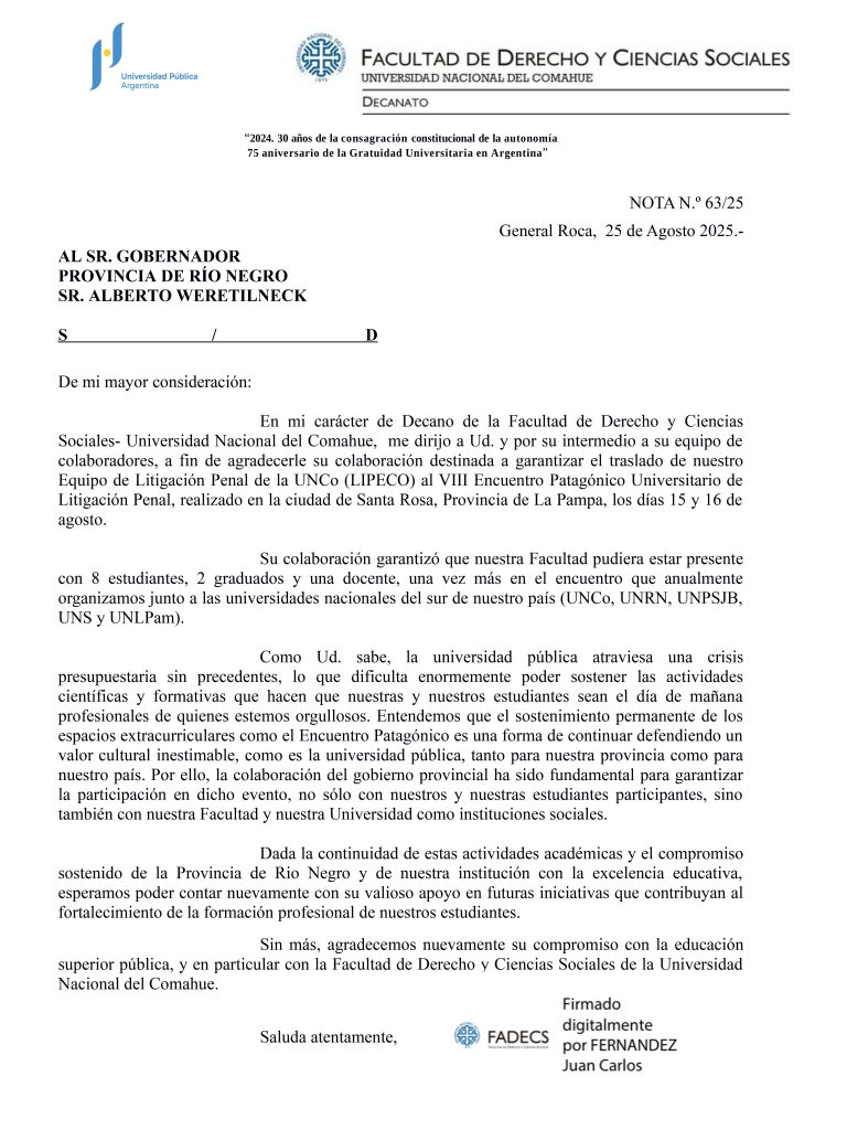 LA FADECS AGRADECIÓ EL COMPROMISO DEL GOBERNADOR DE RÍO NEGRO CON LA EDUCACIÓN SUPERIOR PÚBLICA