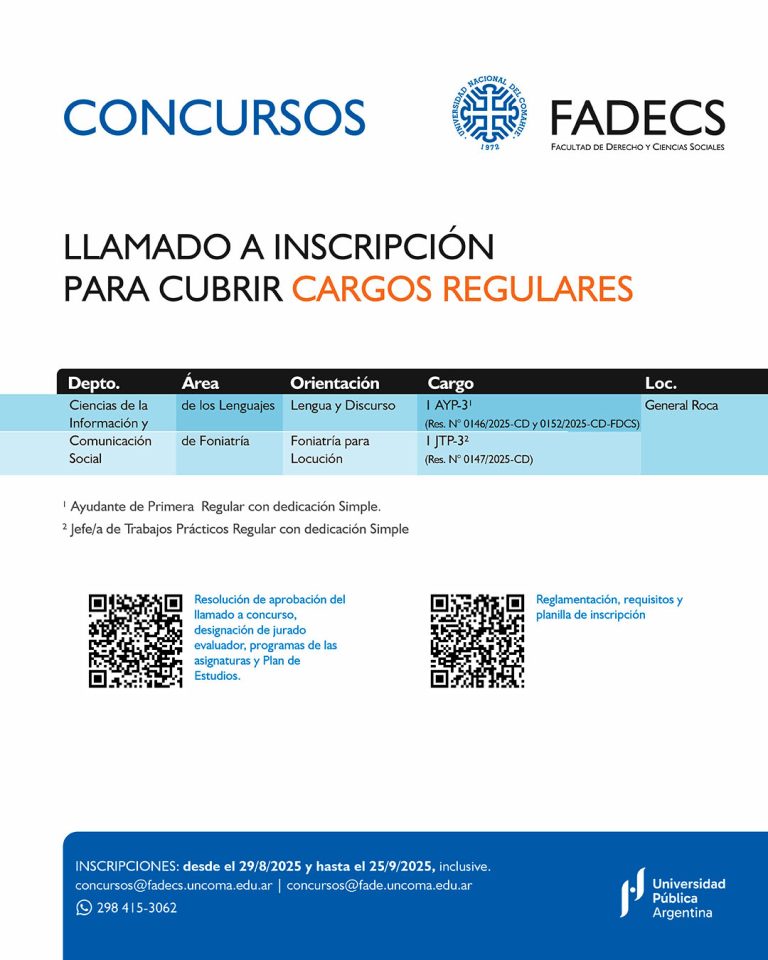 LLAMADO A INSCRIPCIÓN PARA CUBRIR CARGOS REGULARES