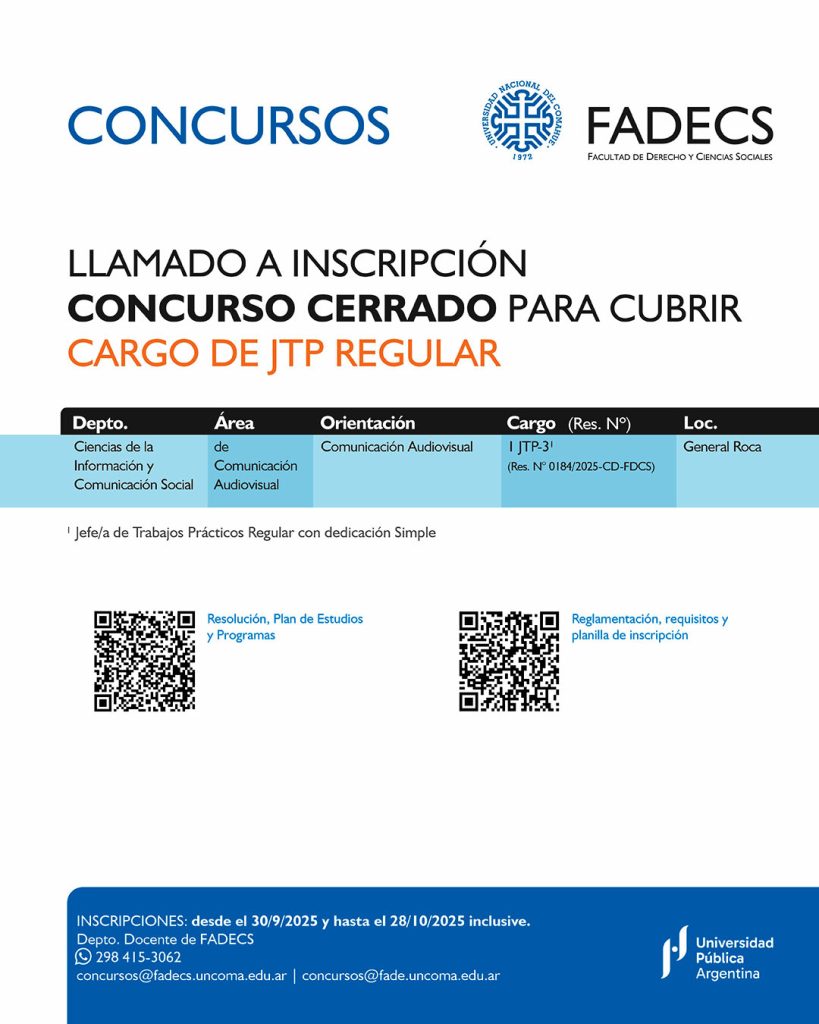 LLAMADO A INSCRIPCIÓN CONCURSO CERRADO PARA CUBRIR CARGO DE JTP REGULAR
