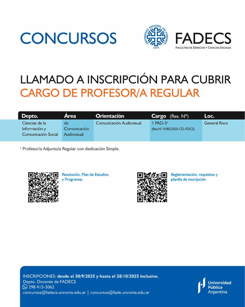 LLAMADO A INSCRIPCIÓN PARA CUBRIR CARGO DE PROFESOR/A REGULAR