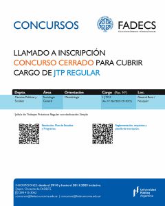 LLAMADO A INSCRIPCIÓN PARA CUBRIR CARGO DE AYUDANTE ALUMNO/A. ORIENTACIÓN SOCIOLOGÍA DE LA EDUCACIÓN Informes desde el 21/10/2025 | Departamento Docente de FaDeCS concursos@fadecs.uncoma.edu.ar | concursos@fade.uncoma.edu.ar Whatsapp + 54 298 415-3062 INSCRIPCIONES: desde el 4/11/2025 y hasta el 10/11/2025, inclusive; en el horario de 8 a 14 h, en Departamento Docente FADECS – Mendoza 2151- General Roca (R. N.) • Resolución de aprobación del llamado a concurso, designación de jurado evaluador y programa de la asignatura: https://drive.google.com/drive/folders/1MwkXqPDsr_r486OdINOomrg55bDMnt2I?usp=drive_link • Reglamentación, requisitos y planilla de inscripción en el siguiente enlace: https://drive.google.com/drive/folders/1mPa-YGc8qZJ6UJFKYN4LKH8hf_0Rl21e?usp=sharing