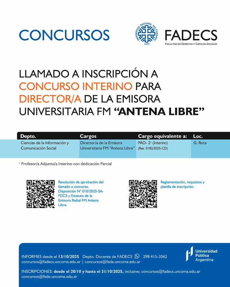 LLAMADO A INSCRIPCIÓN A CONCURSO INTERINO PARA CUBRIR EL CARGO DE DIRECTOR/A DE LA EMISORA UNIVERSITARIA FM “ANTENA LIBRE”