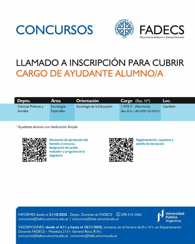 LLAMADO A INSCRIPCIÓN PARA CUBRIR CARGO DE AYUDANTE ALUMNO/A