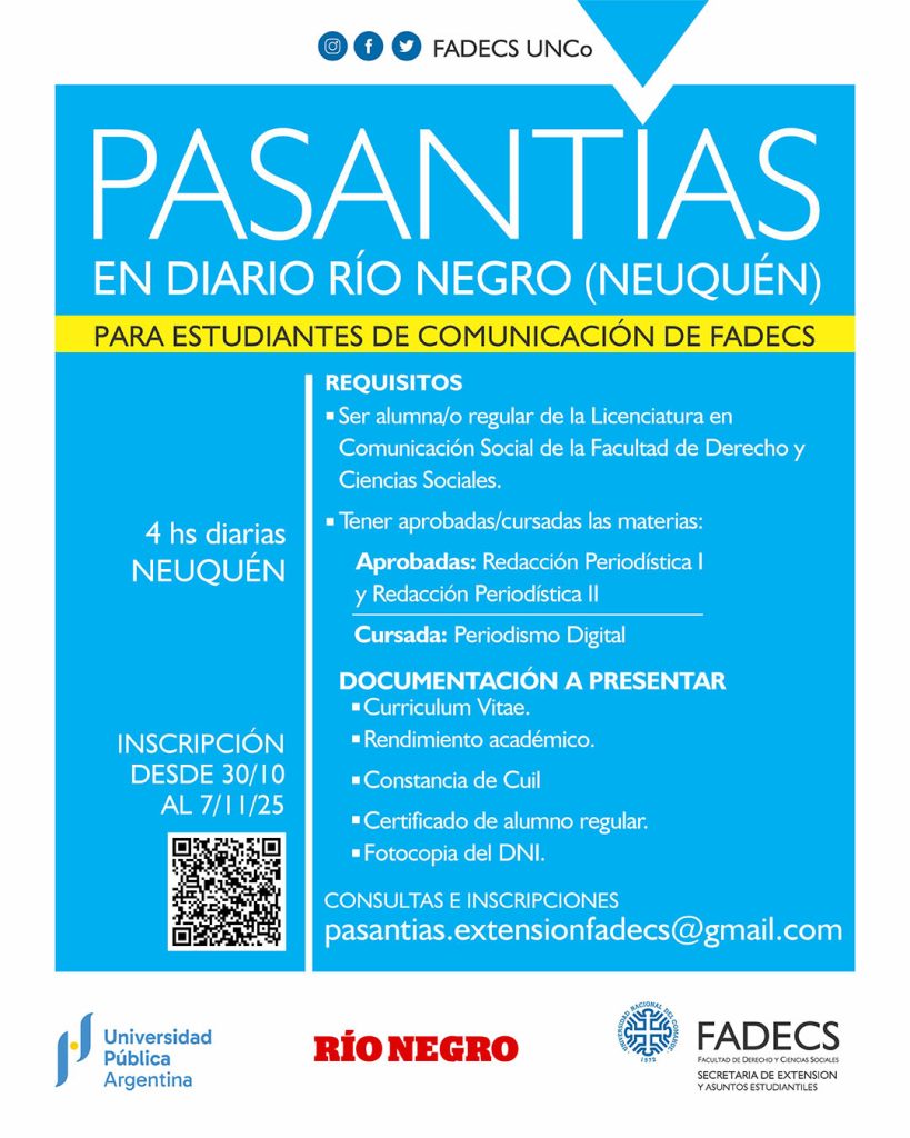 CONVOCATORIA A PASANTÍA EN DIARIO RÍO NEGRO 2025