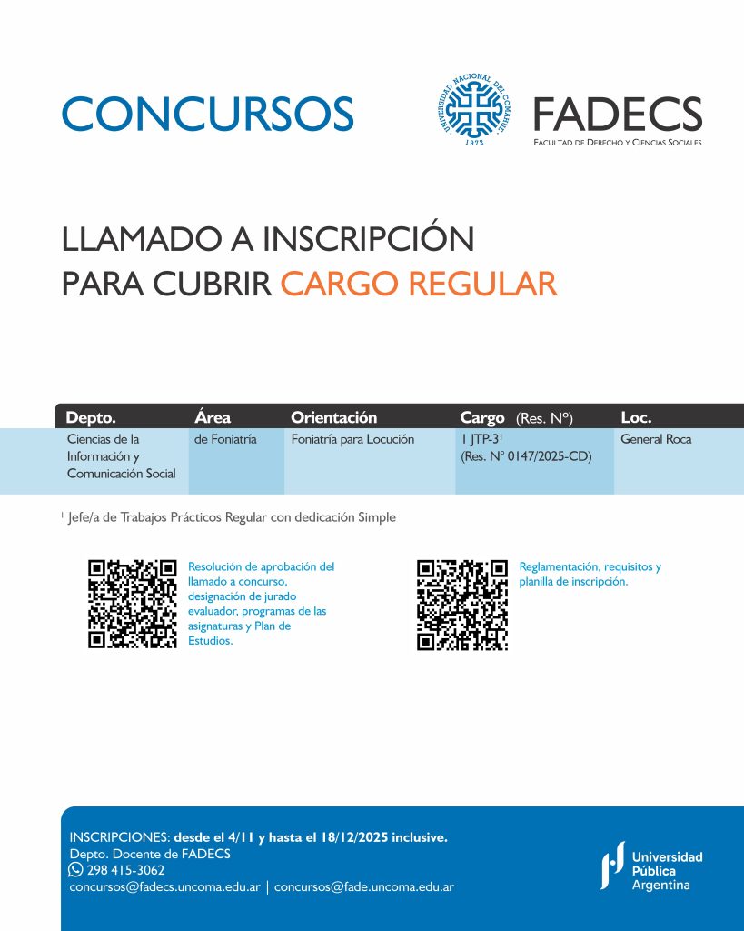 LLAMADO A INSCRIPCIÓN PARA CUBRIR CARGO REGULAR FONIATRÍA PARA LOCUCIÓN