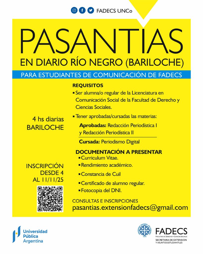 CONVOCATORIA A PASANTÍA EN DIARIO RÍO NEGRO, SEDE BARILOCHE