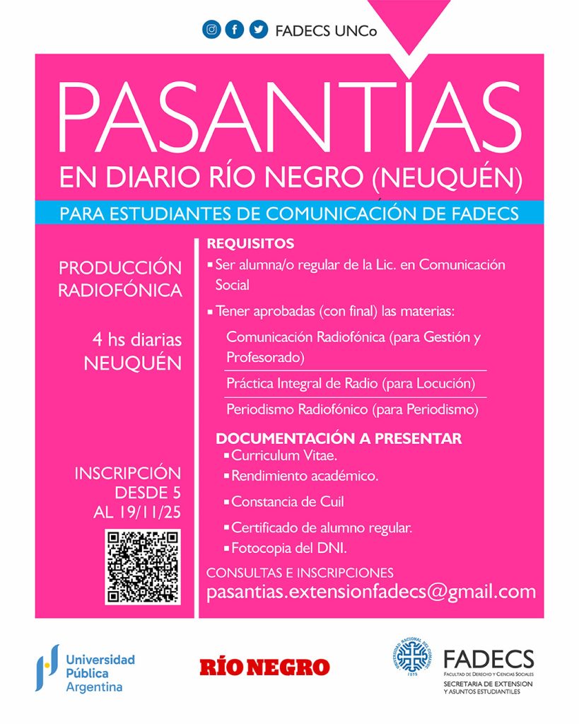 CONVOCATORIA A PASANTÍA EN DIARIO RÍO NEGRO, SEDE NEUQUÉN (PRODUCCIÓN RADIOFÓNICA)