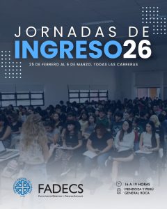 ¡FECHA CONFIRMADA! JORNADAS PARA INGRESANTES FADECS 2026 Ya están confirmadas las Jornadas para ingresantes a todas las carreras de la Facultad de Derecho y Ciencias Sociales (FADECS) para el ciclo 2026. Del 25 de febrero al 6 de marzo Horario: 16 a 19 h Durante estos encuentros vas a tener charlas y capacitaciones pensadas especialmente para quienes comienzan su trayectoria en la Facultad, con temas como: • Uso de SIU • Uso de la plataforma PEDCO • Trámites académicos y administrativos • Encuentro con referentes de las cinco carreras que se dictan en la FADECS • Capacitación en perspectiva de género y violencia digital Si empezás a cursar en 2026, estas jornadas son para vos: te van a ayudar a llegar con más herramientas, información y acompañamiento desde el primer día.