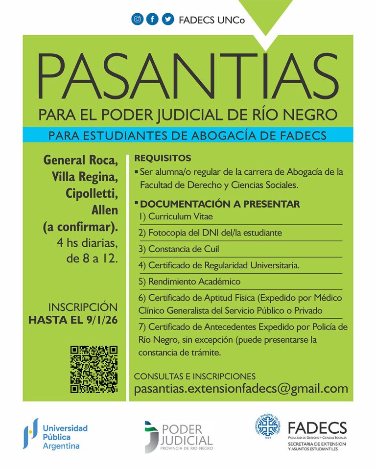 SE PRORROGA LA CONVOCATORIA A PASANTÍAS EN EL PODER JUDICIAL DE RÍO NEGRO 2026