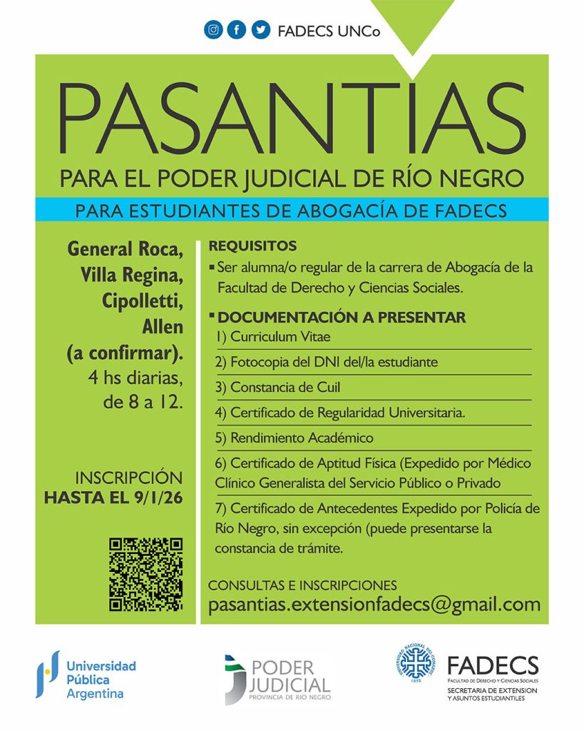 SE PRORROGA LA CONVOCATORIA A PASANTÍAS EN EL PODER JUDICIAL DE RÍO NEGRO 2026