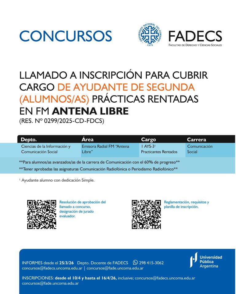 LLAMADO A INSCRIPCIÓN PARA CUBRIR CARGO DE AYUDANTE DE SEGUNDA (ALUMNOS/AS) PRÁCTICAS RENTADAS EN FM ANTENA LIBRE