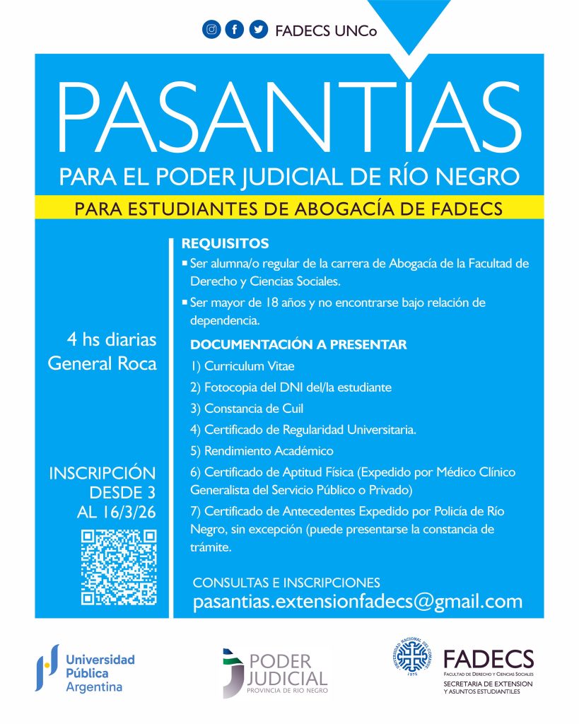 CONVOCATORIA ESPECÍFICA  A PASANTÍAS EN EL PODER JUDICIAL DE RÍO NEGRO 2026 PARA FUEROS CIVIL, LABORAL Y DE FAMILIA (GRAL. ROCA)

