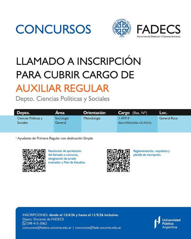 LLAMADO A INSCRIPCIÓN PARA CUBRIR CARGO DE AUXILIAR REGULAR | Departamento de Ciencias Políticas y Sociales