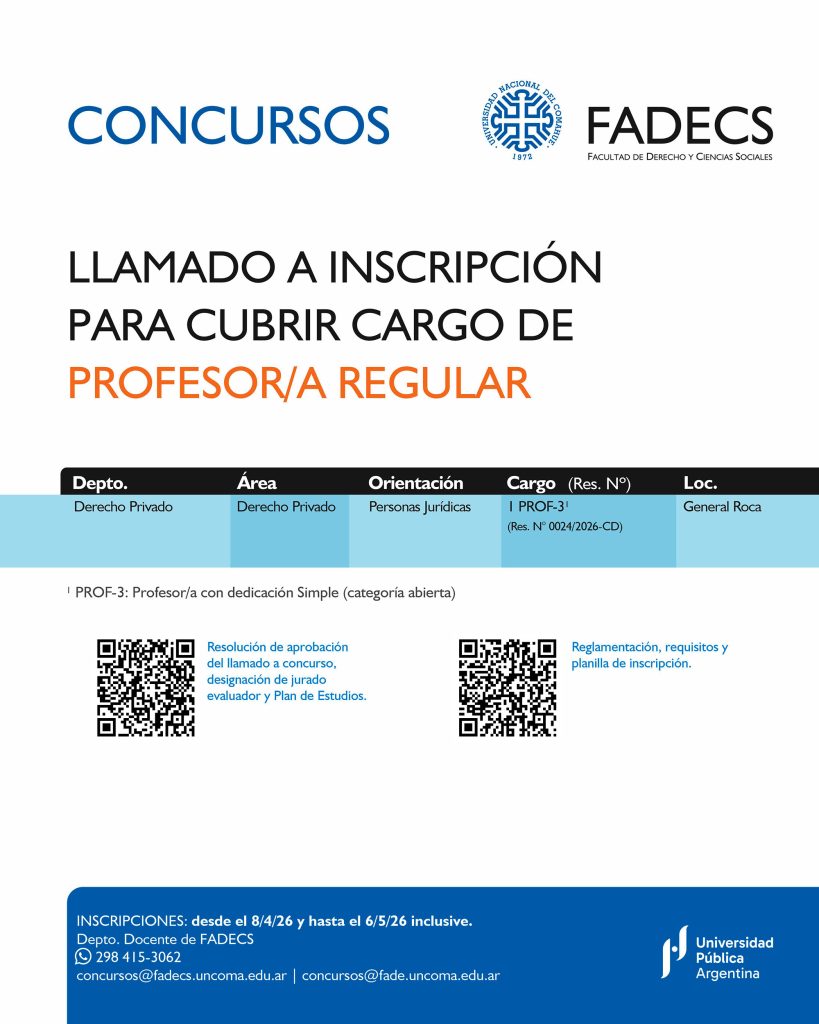 LLAMADO A INSCRIPCIÓN PARA CUBRIR CARGO DE PROFESOR/A REGULAR