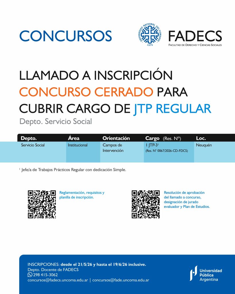LLAMADO A INSCRIPCIÓN CONCURSO CERRADO PARA CUBRIR CARGO DE JTP REGULAR