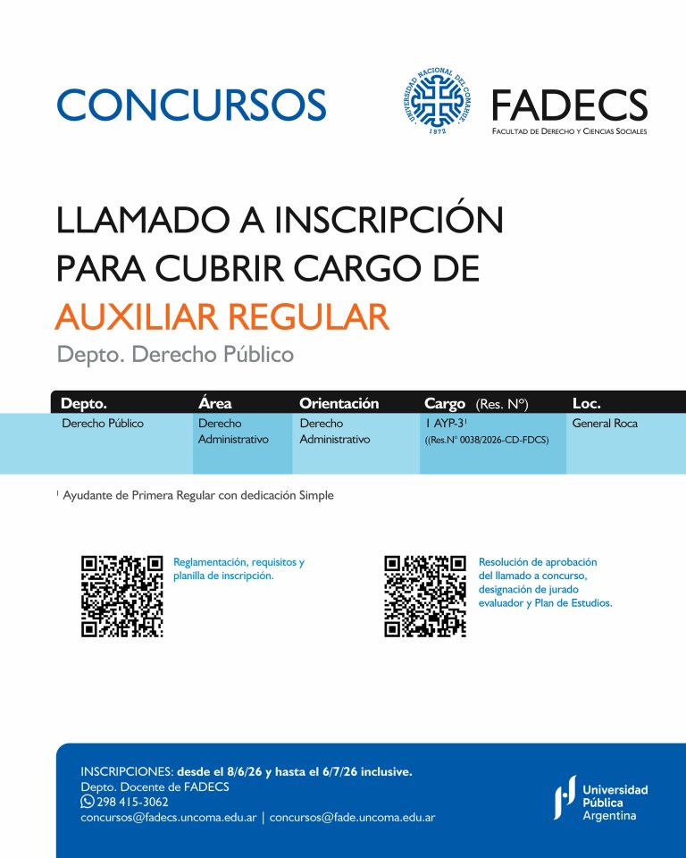LLAMADO A INSCRIPCIÓN PARA CUBRIR CARGO DE AUXILIAR REGULAR | Departamento de Derecho Público