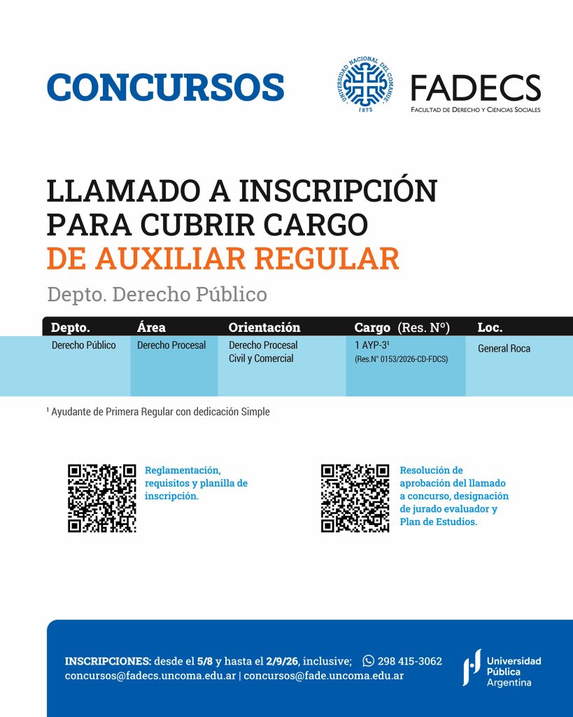 LLAMADO A INSCRIPCIÓN PARA CUBRIR CARGO DE AUXILIAR REGULAR | Departamento Derecho Público