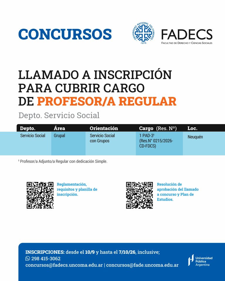 LLAMADO A INSCRIPCIÓN PARA CUBRIR CARGO DE PROFESOR/A REGULAR | Departamento de Servicio Social