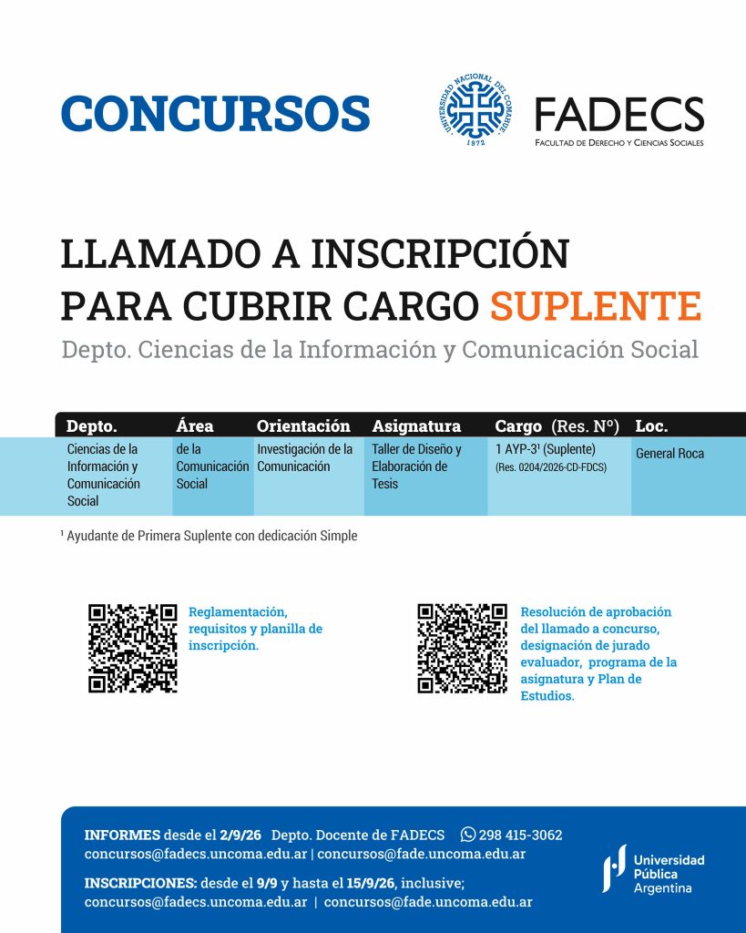 LLAMADO A INSCRIPCIÓN PARA CUBRIR CARGO SUPLENTE | Departamento de Ciencias de la Información y Comunicación Social