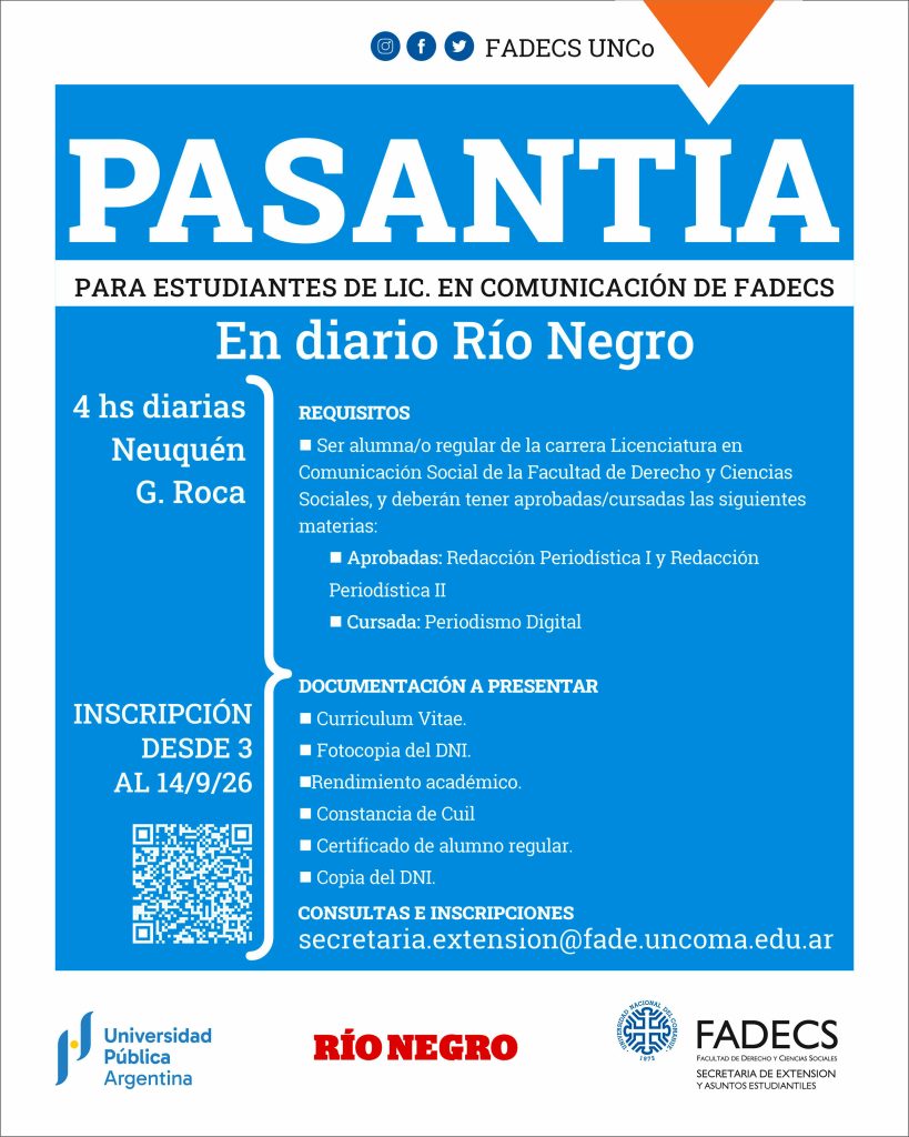 CONVOCATORIA A PASANTÍA EN DIARIO RÍO NEGRO 2025