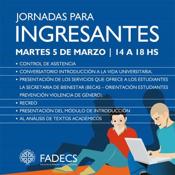 Martes 5 de marzo 2024 (de 14 a 18 hs) 14 horas. Control de Asistencia. 14.30 horas / 16.45 horas. Conversatorio Introducción a la vida universitaria. Ansiedades y temores. La organización del tiempo de estudio. Organización: Secretaría de Bienestar. Participa Equipo de Psicosocial de la Dirección de Becas de Neuquén, Licenciado Leonardo Ibacache. En el marco de esta charla se efectúa la presentación de los servicios que ofrece a los estudiantes la Secretaria de Bienestar (Becas – Orientación Estudiantes – Prevención Violencia de Género). RECREO 17/17.30 Presentación del Módulo de introducción al análisis de textos académicos. Organización: Equipo de Orientación Estudiantil: Roxana Muñoz. Acompañan Rita Bustos, Fernando Lanza y Raúl Gutiérrez.